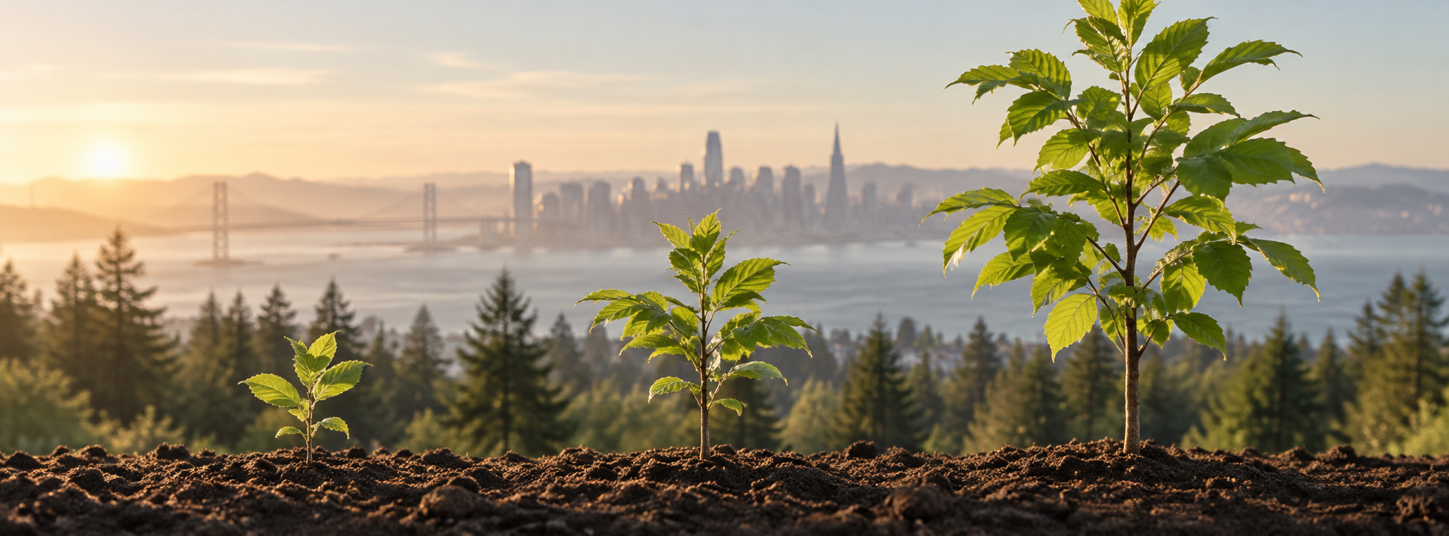 Young trees of increasing size planted in rich soil