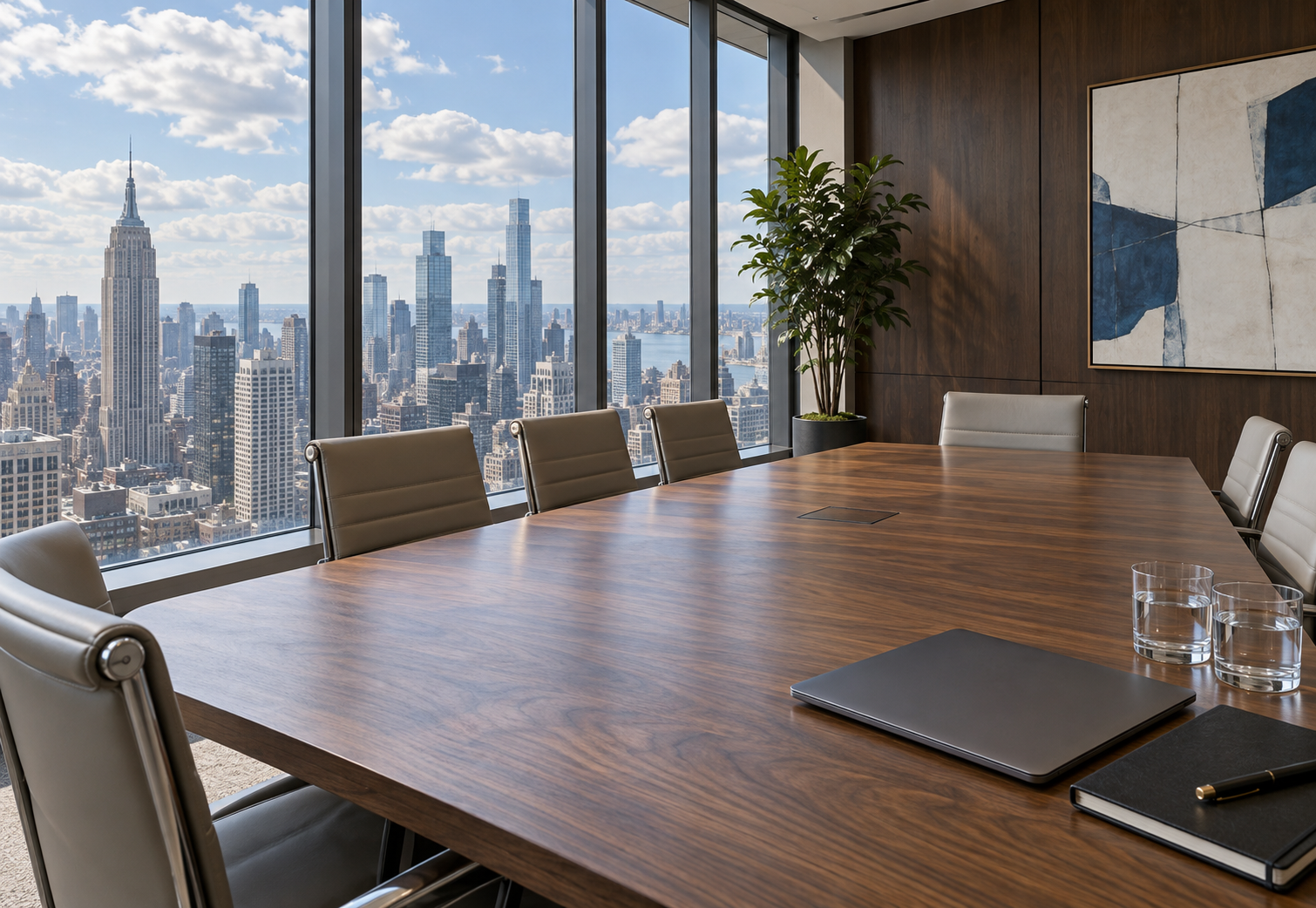 A bright executive boardroom overlooking the city