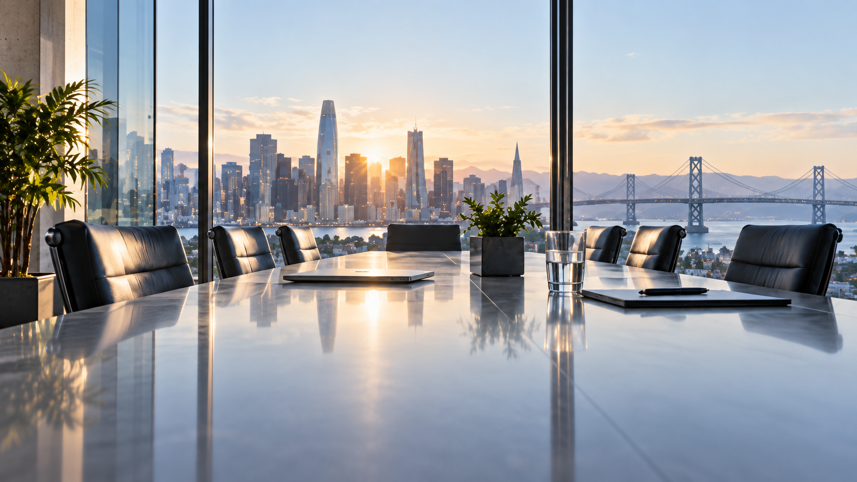 A boardroom overlooking the city skyline