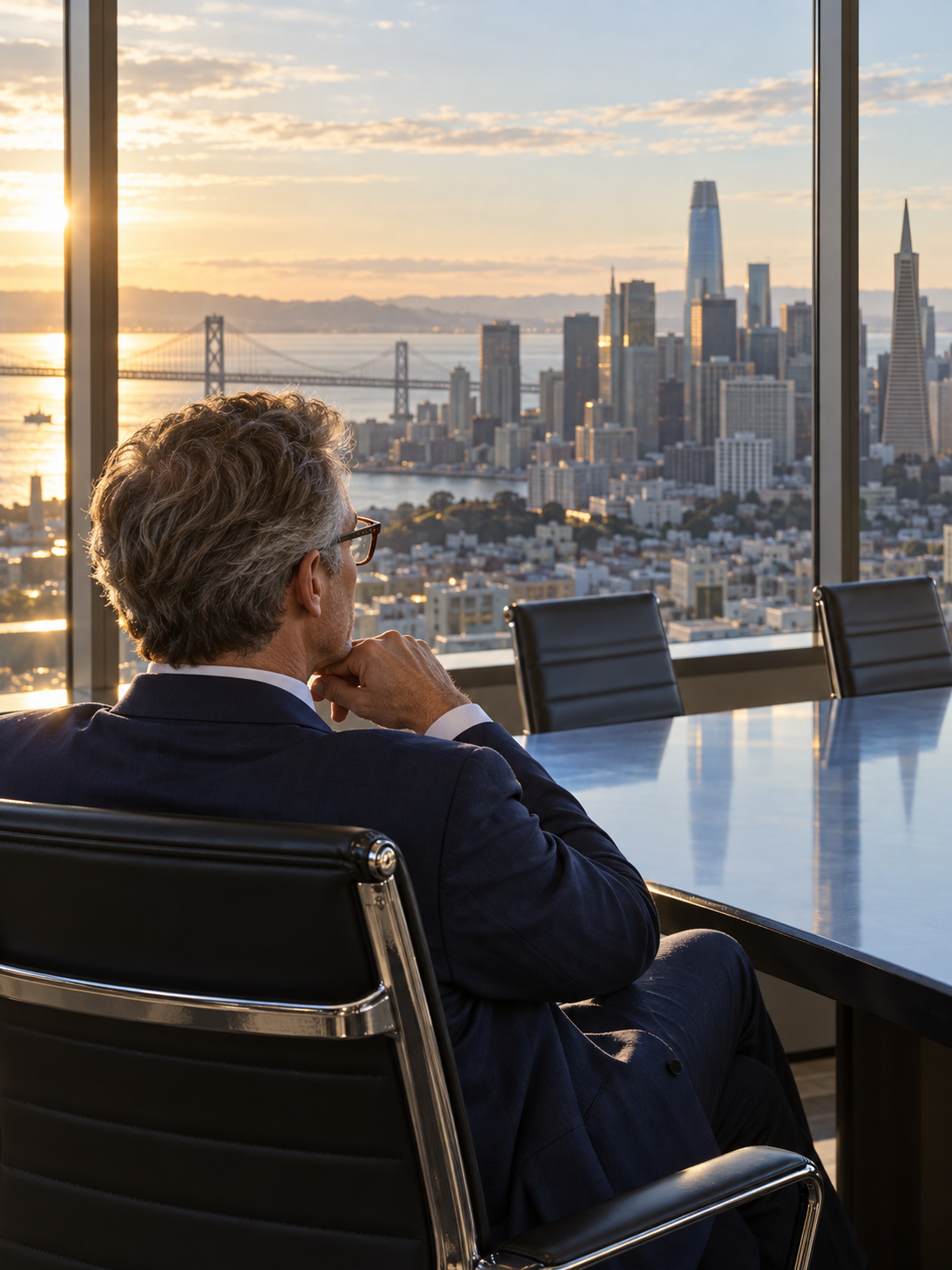 Executive considering company goals in a city boardroom