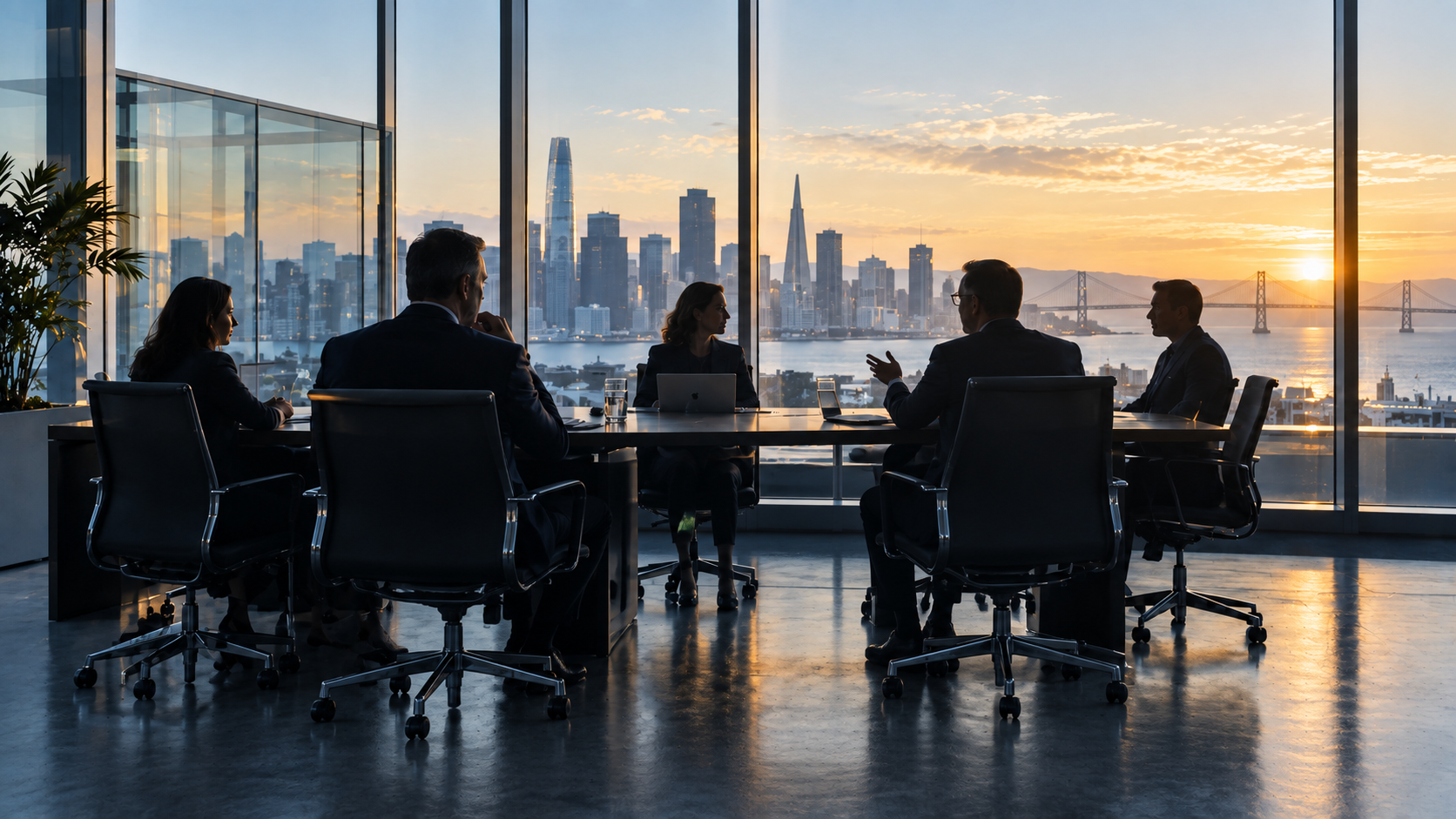 Executives sharing perspectives around a boardroom table with a city skyline beyond